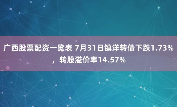 广西股票配资一览表 7月31日镇洋转债下跌1.73%，转股溢价率14.57%